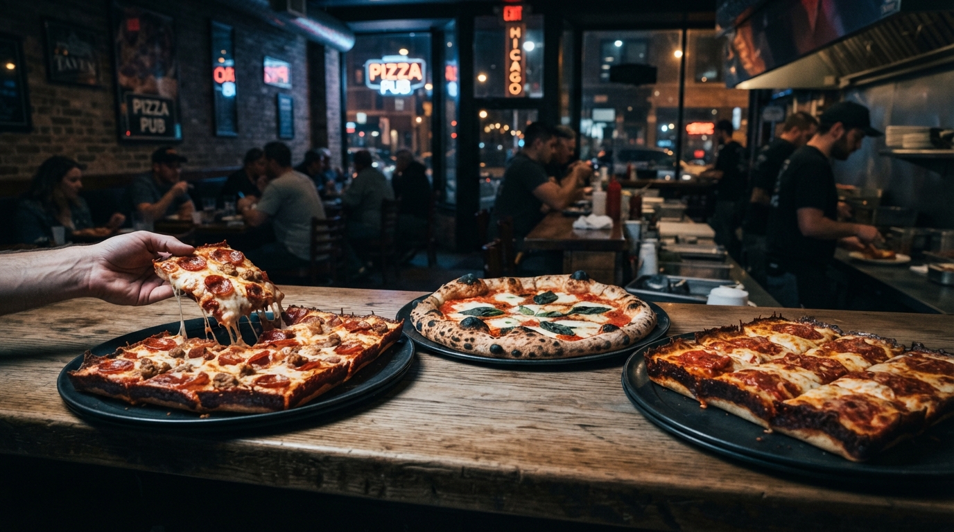 Editorial illustration for Beyond Deep-Dish: Three Regional Pizza Styles That Define Chicago's Other Pizza Scene